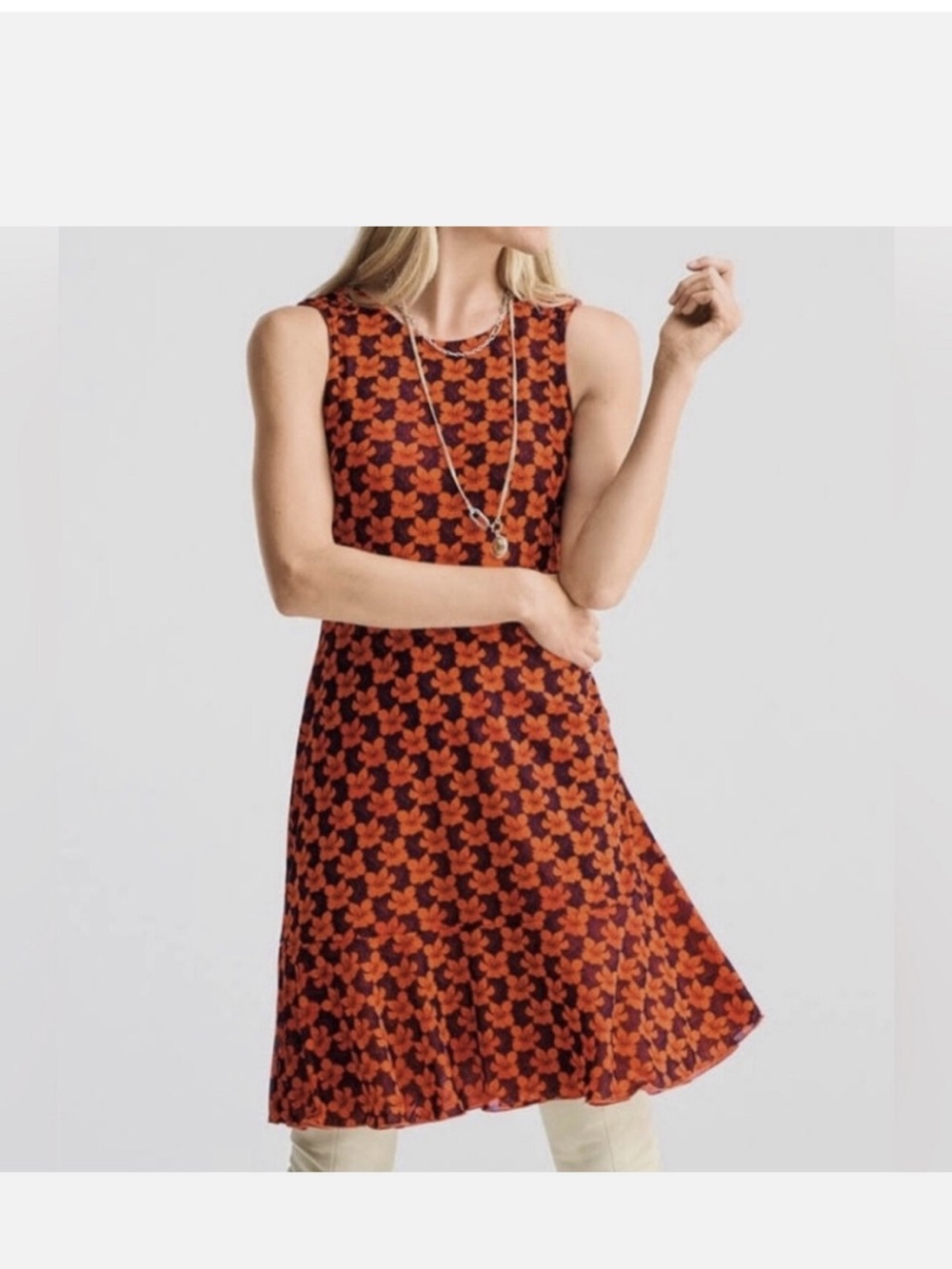 CAbi Sleeveless Floral Fit-and-Flare Dress in Rust and Black